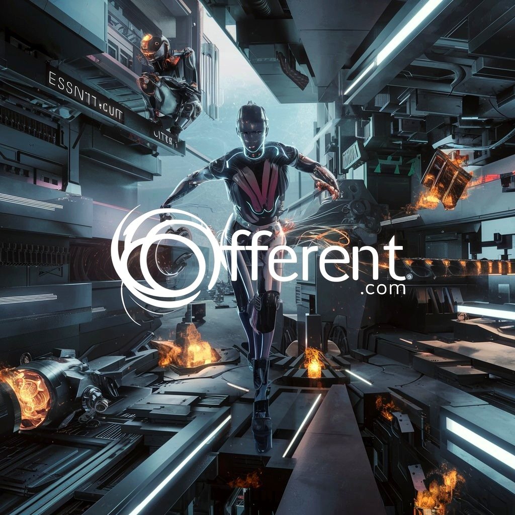 Figura futurista corriendo en un entorno tecnológico con el logo de offerent.com